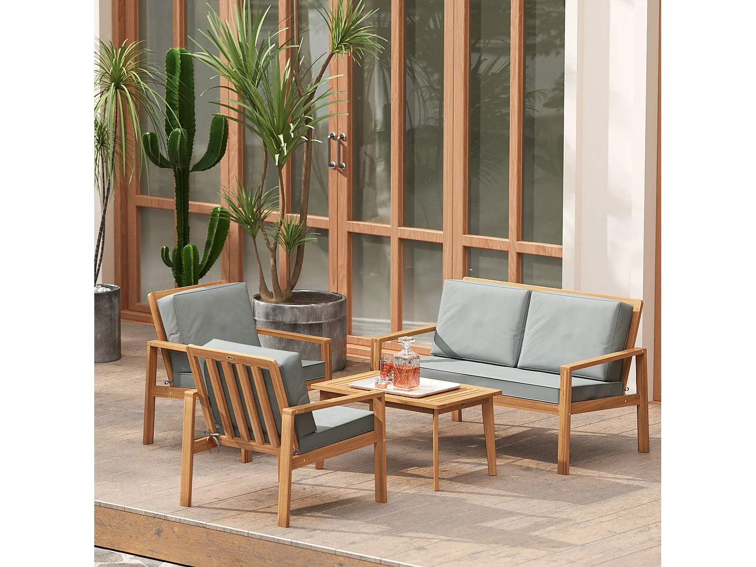 Rotoyo 4 Seater Acacia Wood Outdoor Garden Furniture Set with Teak Finish and Grey Cushions