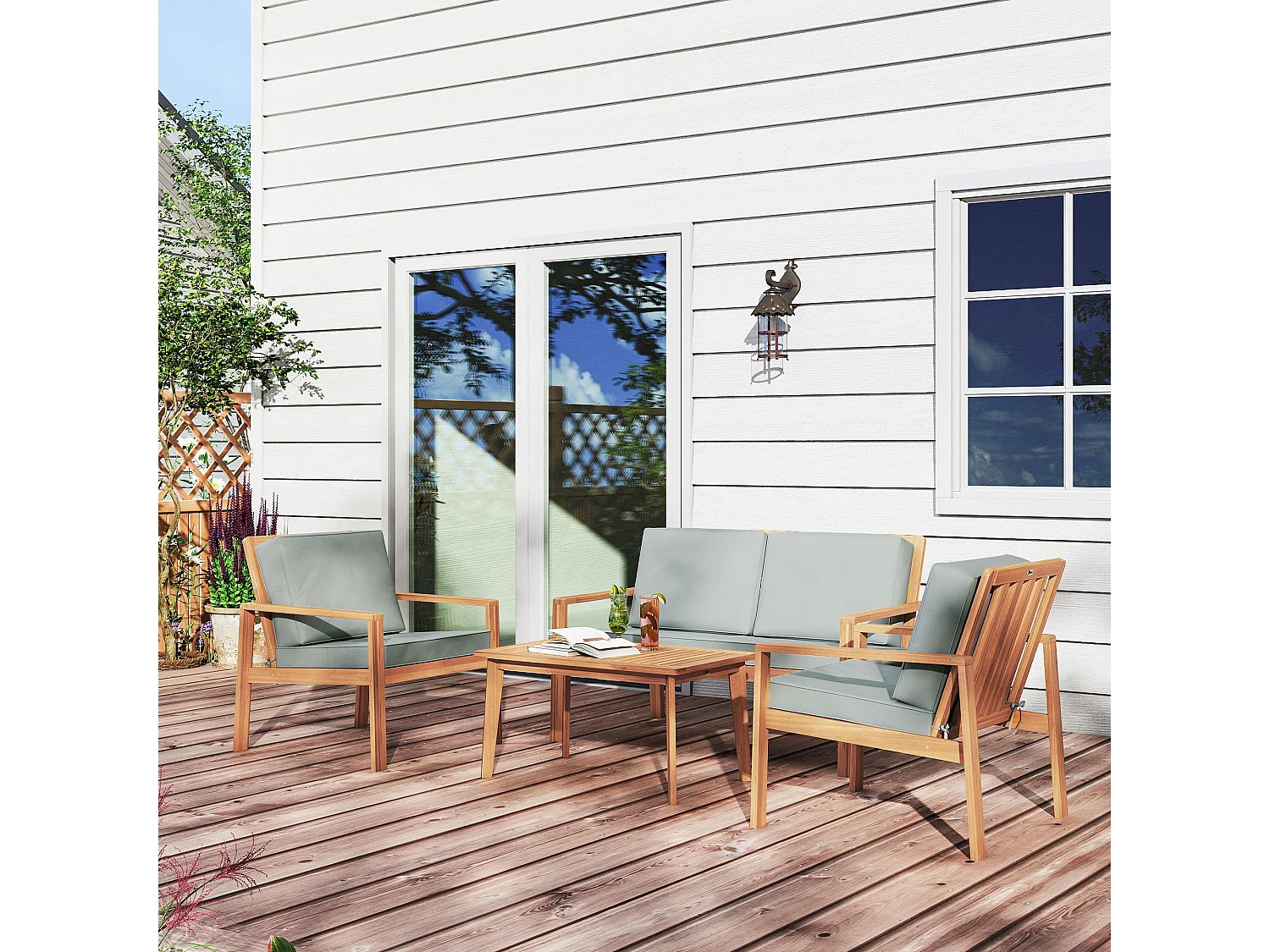 Rotoyo 4 Seater Acacia Wood Outdoor Garden Furniture Set with Teak Finish and Grey Cushions