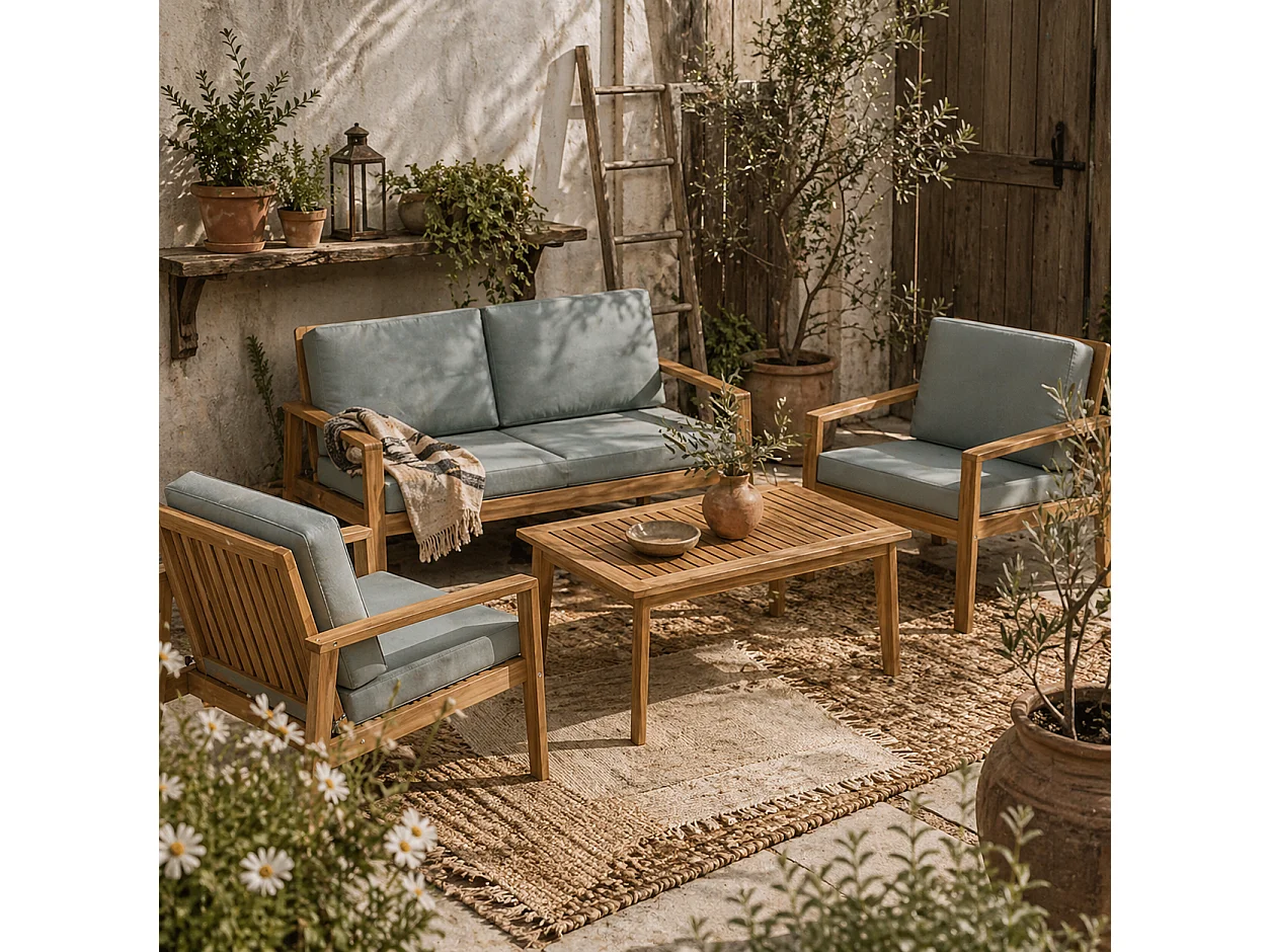 Rotoyo 4 Seater Acacia Wood Outdoor Garden Furniture Set with Teak Finish and Grey Cushions