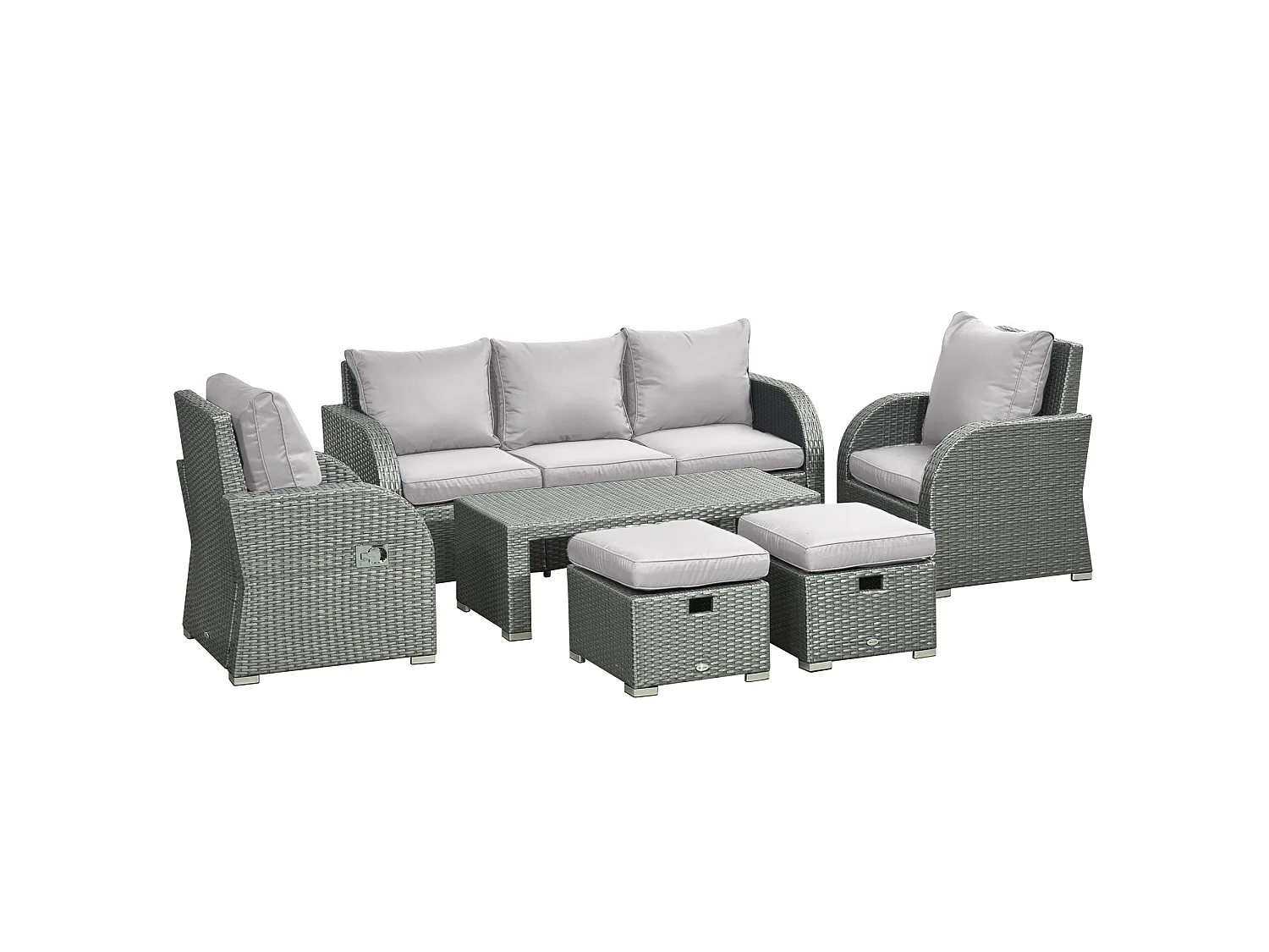 Tanette 7 Seater Outdoor Rattan Sofa Set Light Grey 2 Reclining Armchairs 2 Stools