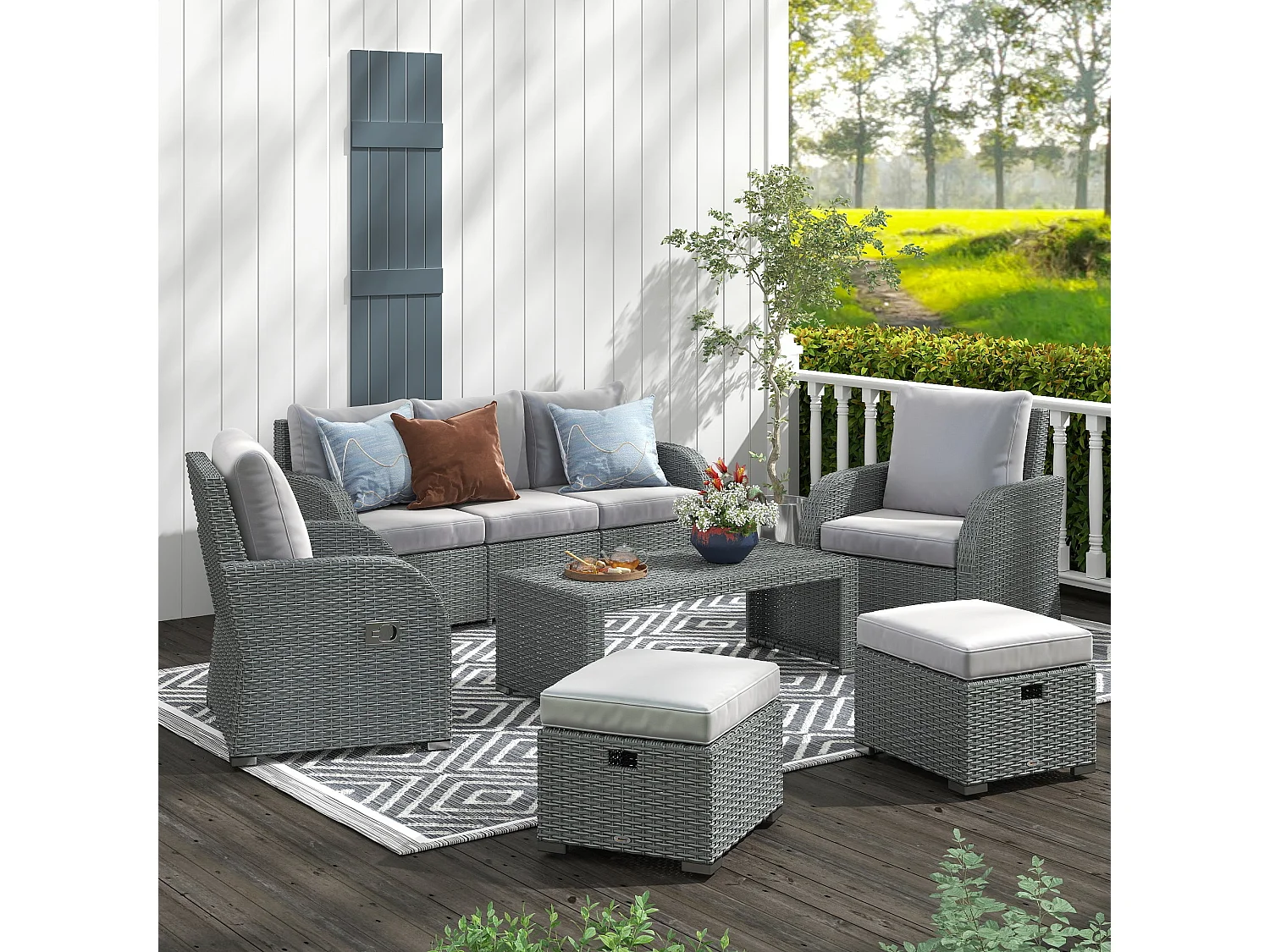 Tanette 7 Seater Outdoor Rattan Sofa Set Light Grey 2 Reclining Armchairs 2 Stools