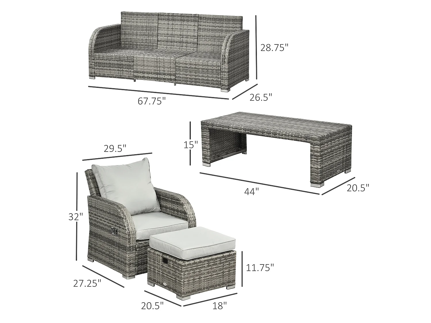 Tanette 7 Seater Outdoor Rattan Sofa Set Light Grey 2 Reclining Armchairs 2 Stools
