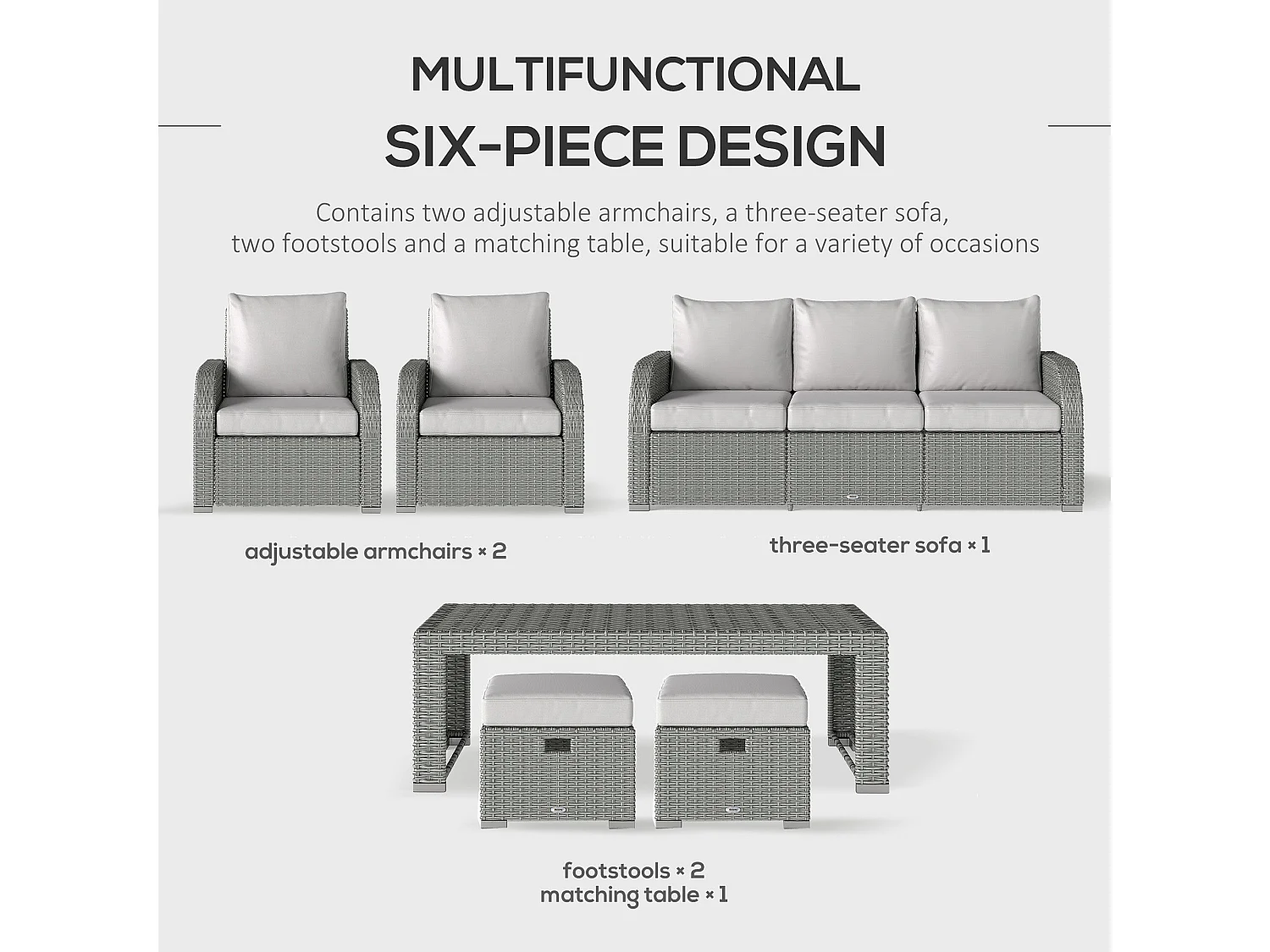 Tanette 7 Seater Outdoor Rattan Sofa Set Light Grey 2 Reclining Armchairs 2 Stools
