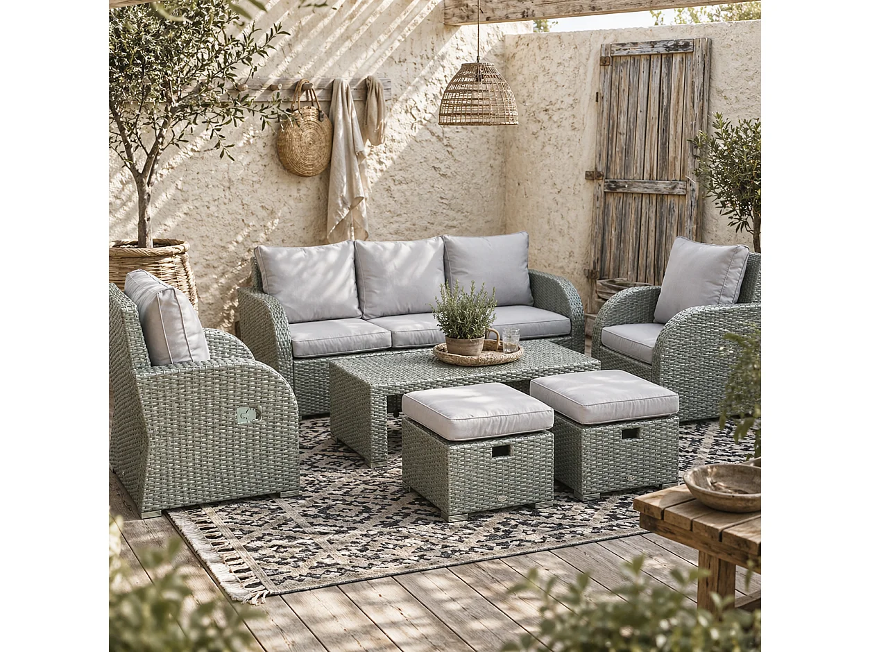 Tanette 7 Seater Outdoor Rattan Sofa Set Light Grey 2 Reclining Armchairs 2 Stools