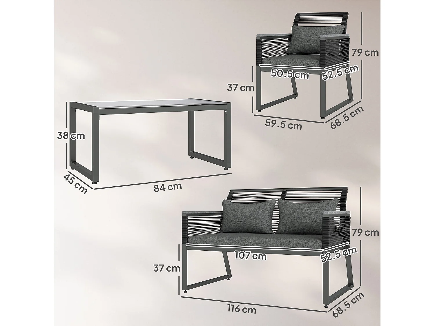 Mopafa 4 Piece Dark Grey Rattan Garden Furniture Set with Cushions