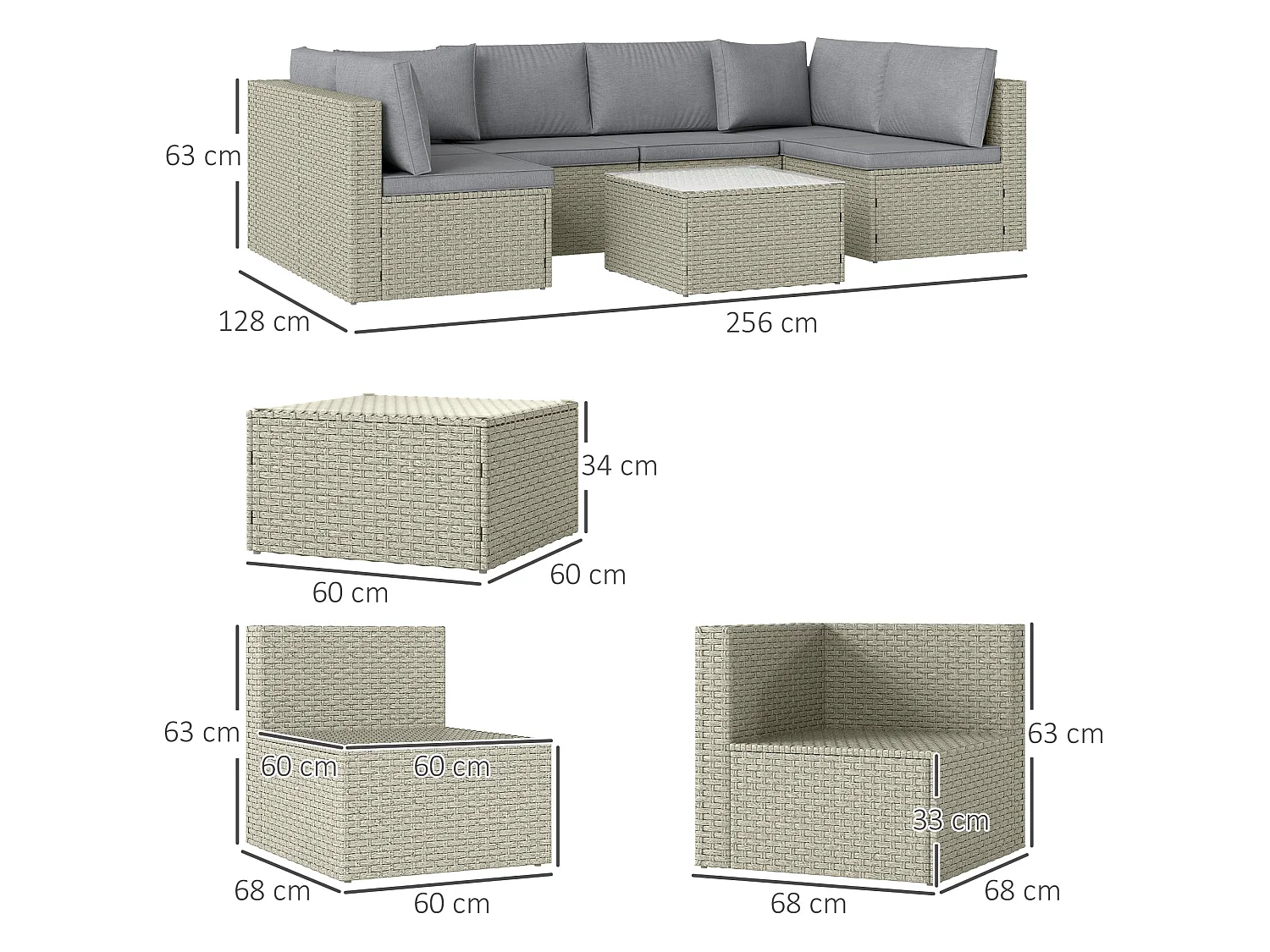 Lura 7 Piece Modular Rattan Outdoor Furniture Set Light Brown Grey