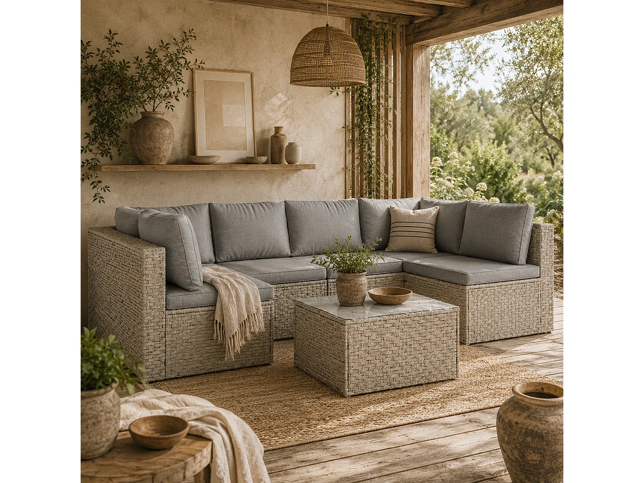 Lura 7 Piece Modular Rattan Outdoor Furniture Set Light Brown Grey