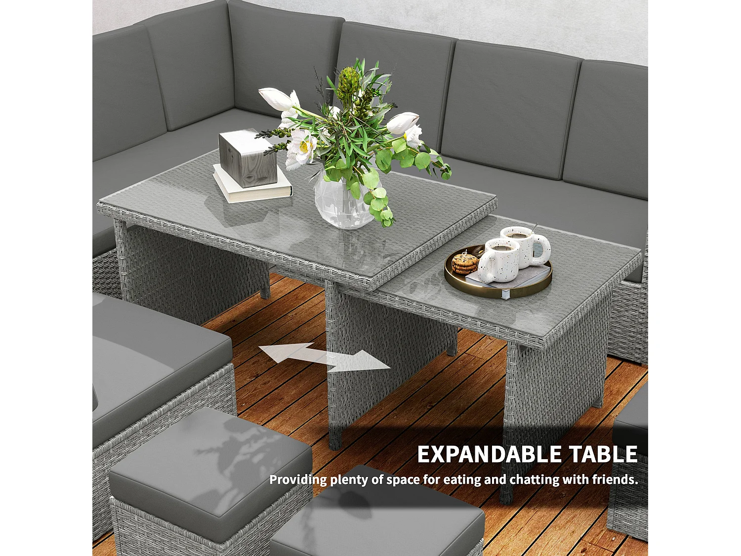 Nomiri 10 Seater Light Grey Rattan Outdoor Sofa Set with Extendable Dining Table
