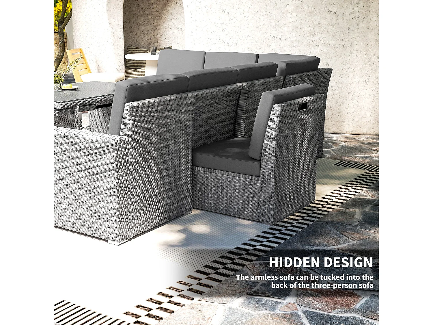 Nomiri 10 Seater Light Grey Rattan Outdoor Sofa Set with Extendable Dining Table