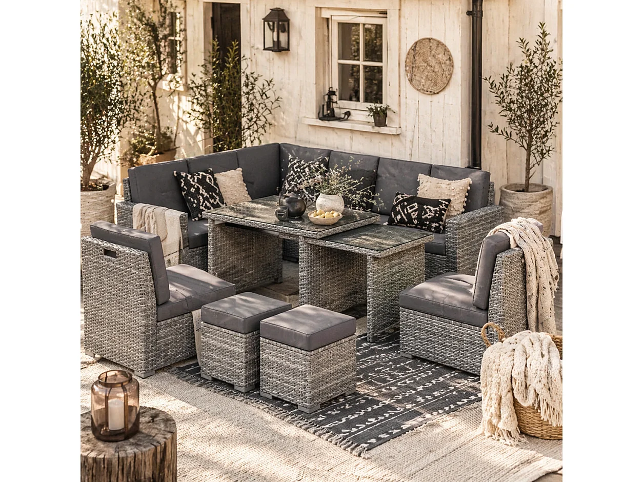 Nomiri 10 Seater Light Grey Rattan Outdoor Sofa Set with Extendable Dining Table