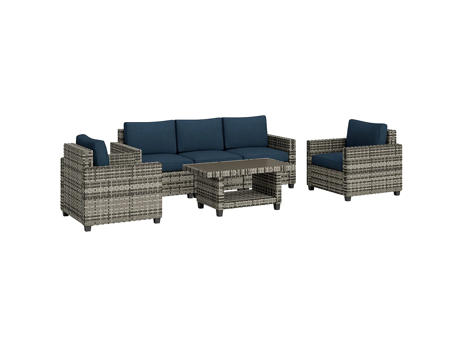 Sacoel Navy Blue and Grey 5 Seater Modular Rattan Outdoor Sofa Set