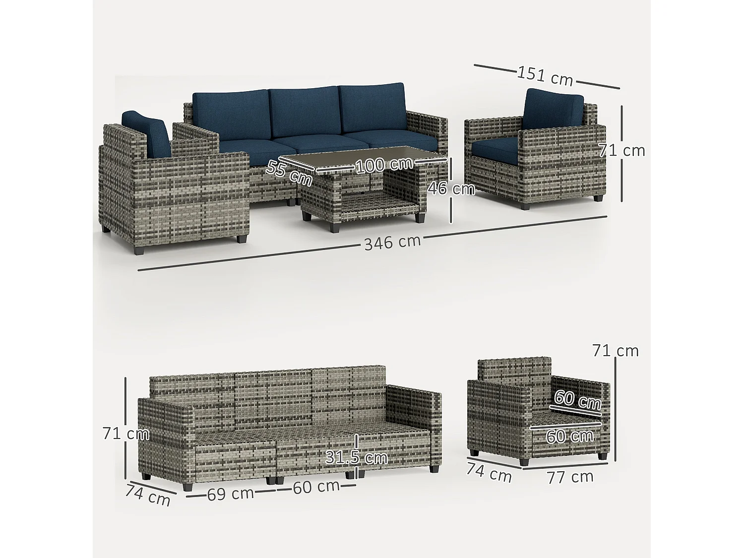Sacoel Navy Blue and Grey 5 Seater Modular Rattan Outdoor Sofa Set