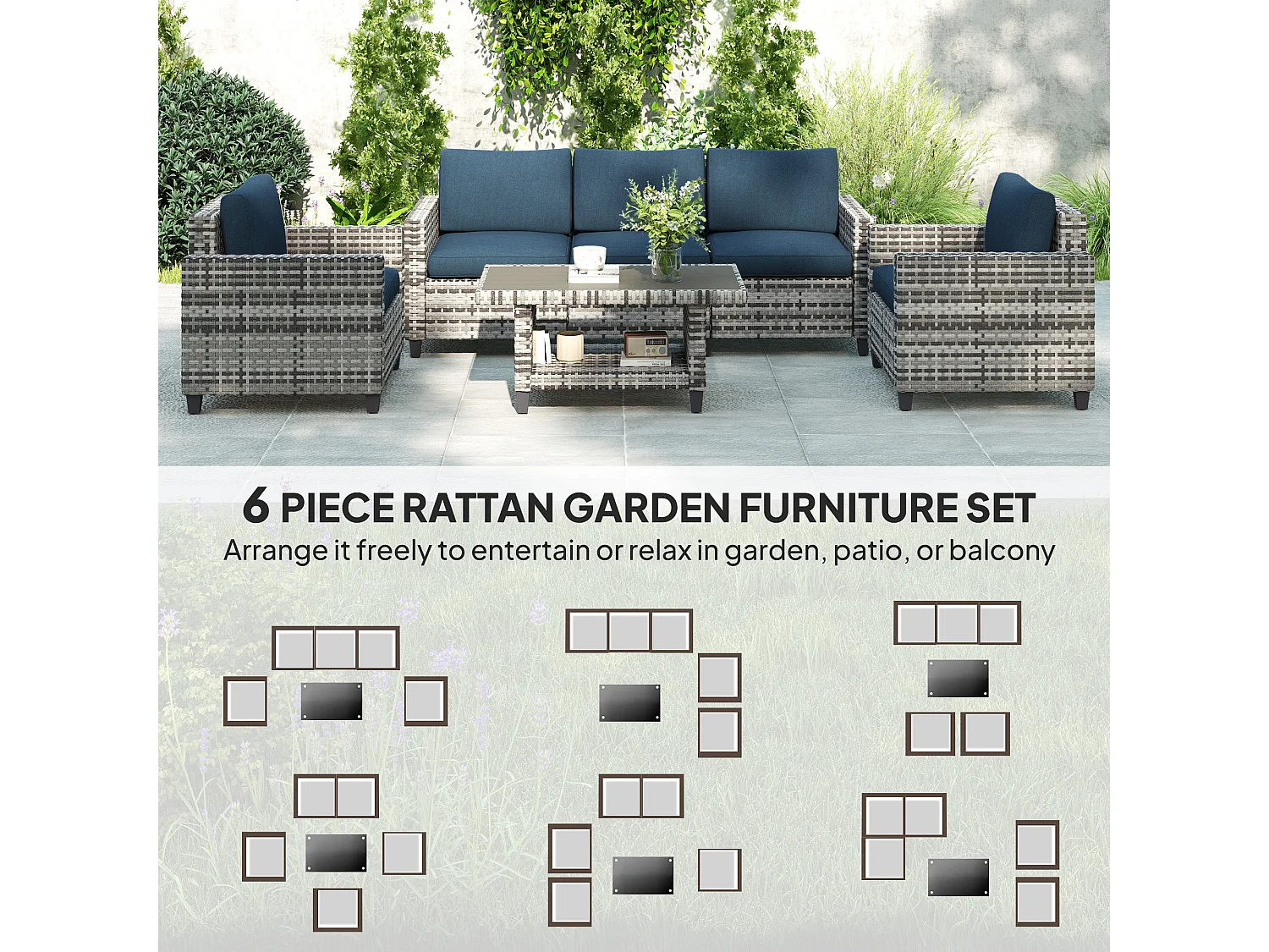 Sacoel Navy Blue and Grey 5 Seater Modular Rattan Outdoor Sofa Set
