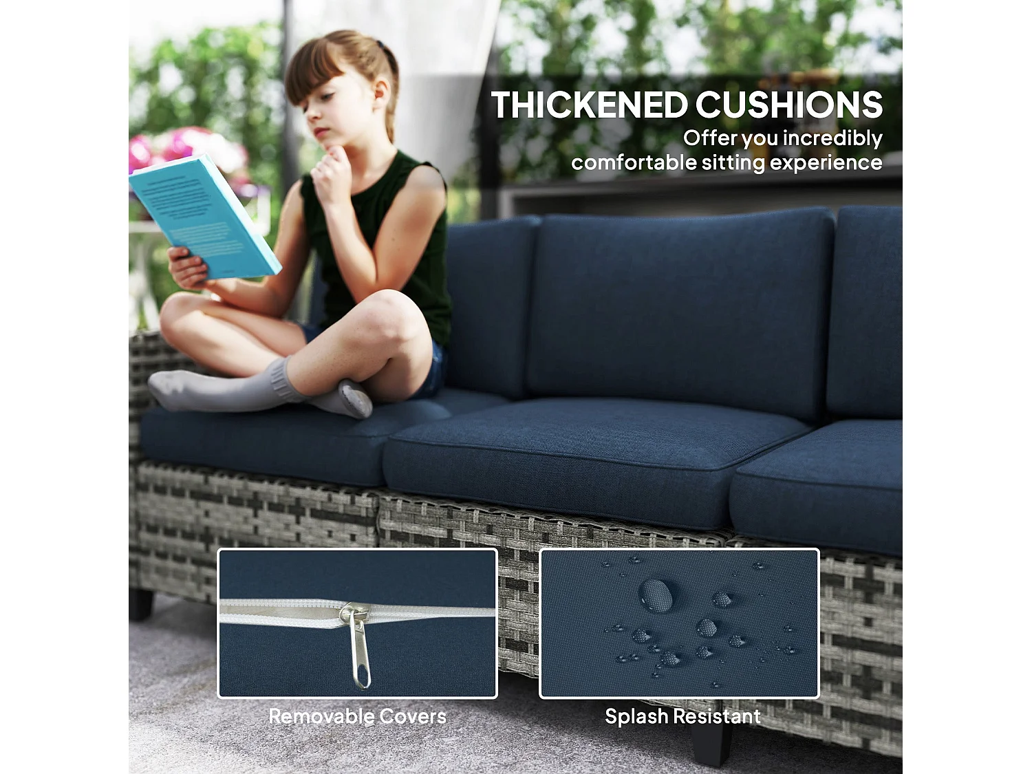 Sacoel Navy Blue and Grey 5 Seater Modular Rattan Outdoor Sofa Set