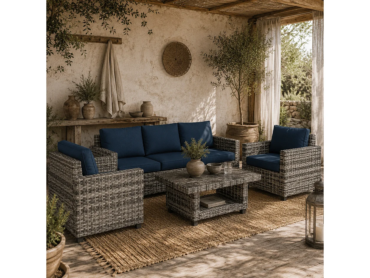 Sacoel Navy Blue and Grey 5 Seater Modular Rattan Outdoor Sofa Set