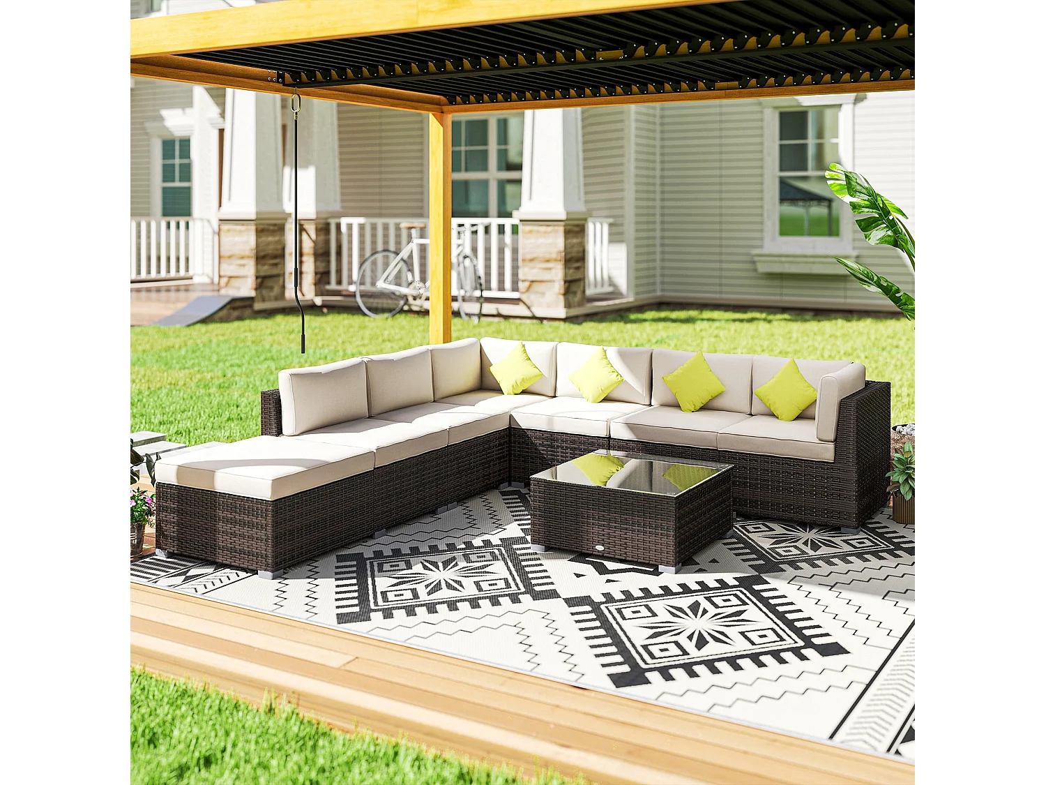 Dobazi Mixed Brown PE Rattan 6 Seater Modular Corner Sofa Set with Cushions and Glass Coffee Table