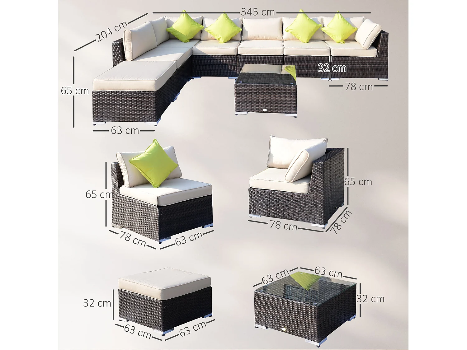 Dobazi Mixed Brown PE Rattan 6 Seater Modular Corner Sofa Set with Cushions and Glass Coffee Table