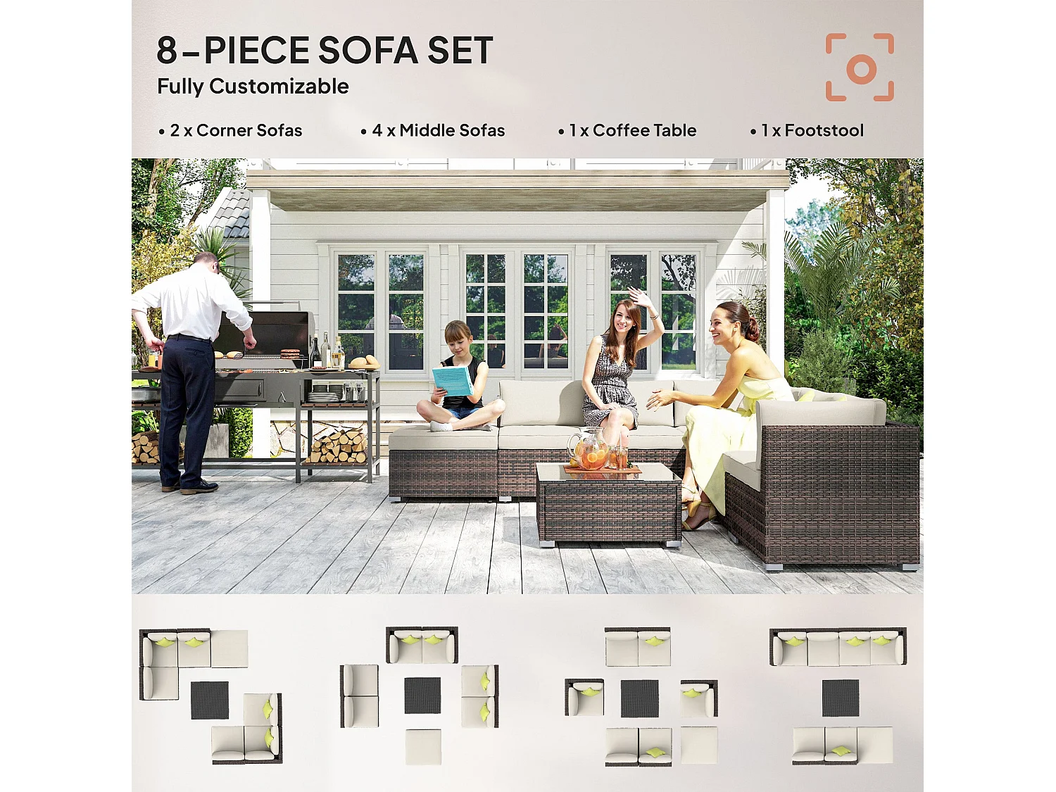 Dobazi Mixed Brown PE Rattan 6 Seater Modular Corner Sofa Set with Cushions and Glass Coffee Table