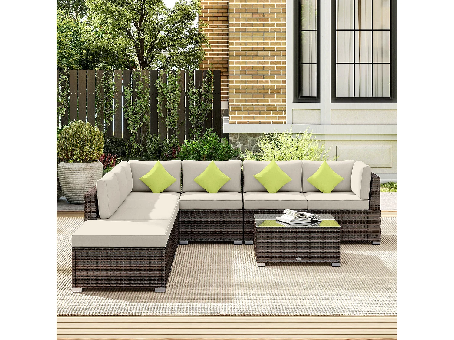 Dobazi Mixed Brown PE Rattan 6 Seater Modular Corner Sofa Set with Cushions and Glass Coffee Table