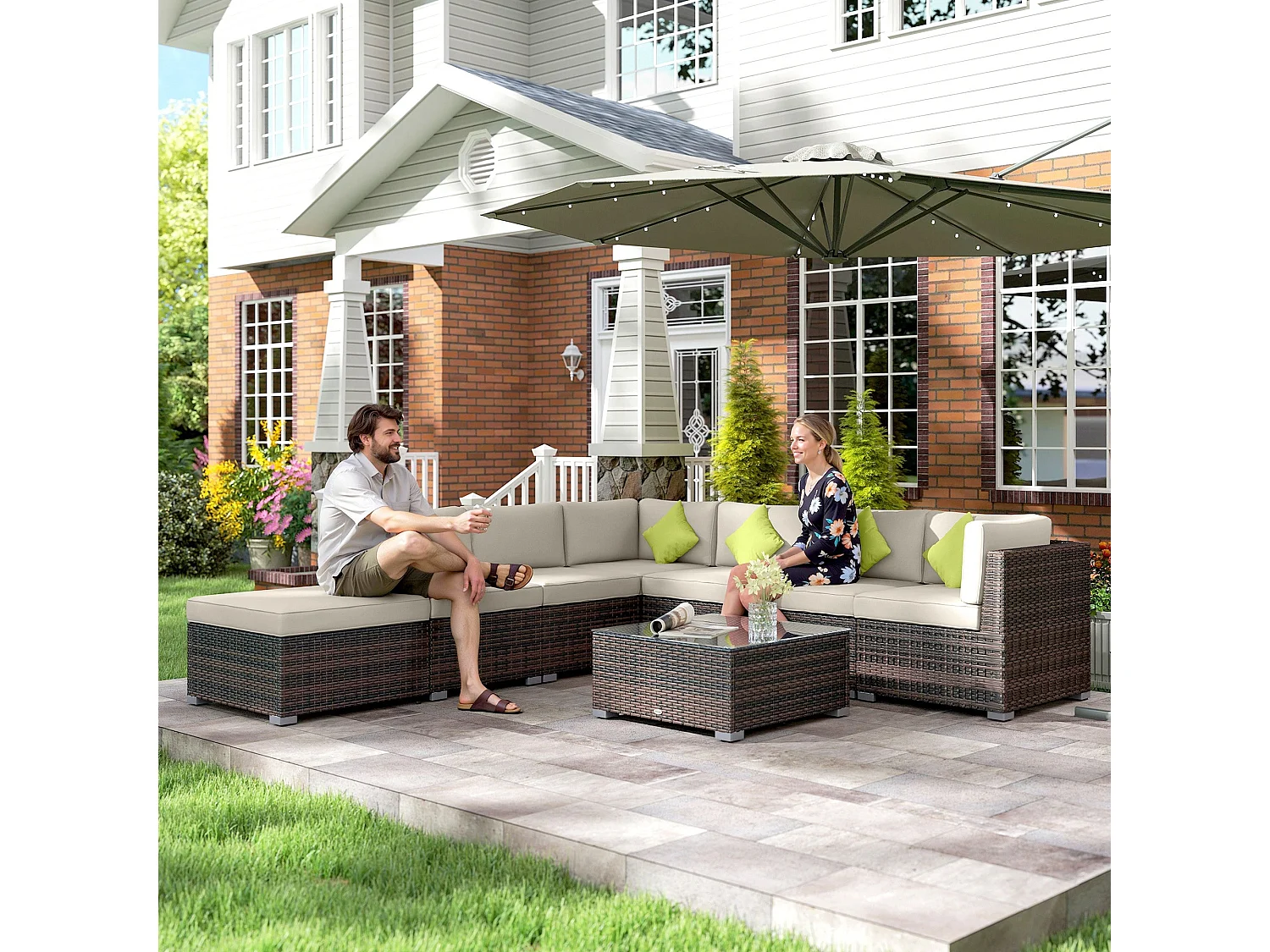 Dobazi Mixed Brown PE Rattan 6 Seater Modular Corner Sofa Set with Cushions and Glass Coffee Table