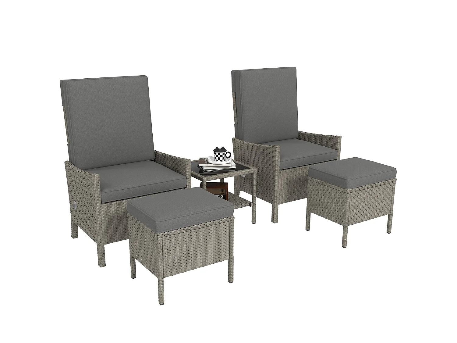 Liromo Dark Grey 5 Piece Rattan Bistro Set with Reclining Chairs Stools and Two Tier Table