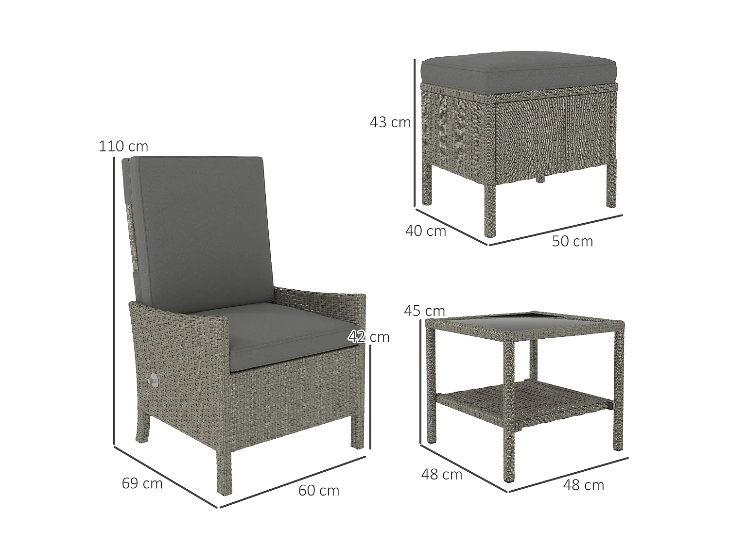 Liromo Dark Grey 5 Piece Rattan Bistro Set with Reclining Chairs Stools and Two Tier Table