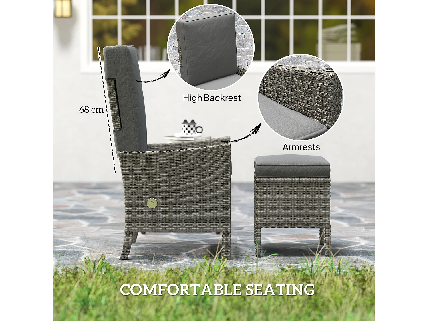Liromo Dark Grey 5 Piece Rattan Bistro Set with Reclining Chairs Stools and Two Tier Table