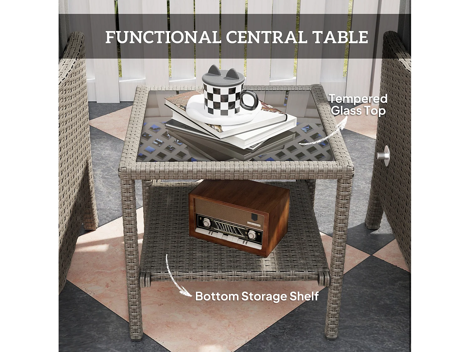 Liromo Dark Grey 5 Piece Rattan Bistro Set with Reclining Chairs Stools and Two Tier Table