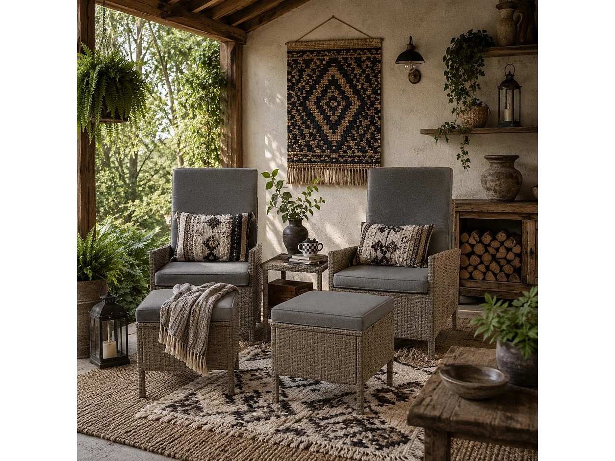 Liromo Dark Grey 5 Piece Rattan Bistro Set with Reclining Chairs Stools and Two Tier Table