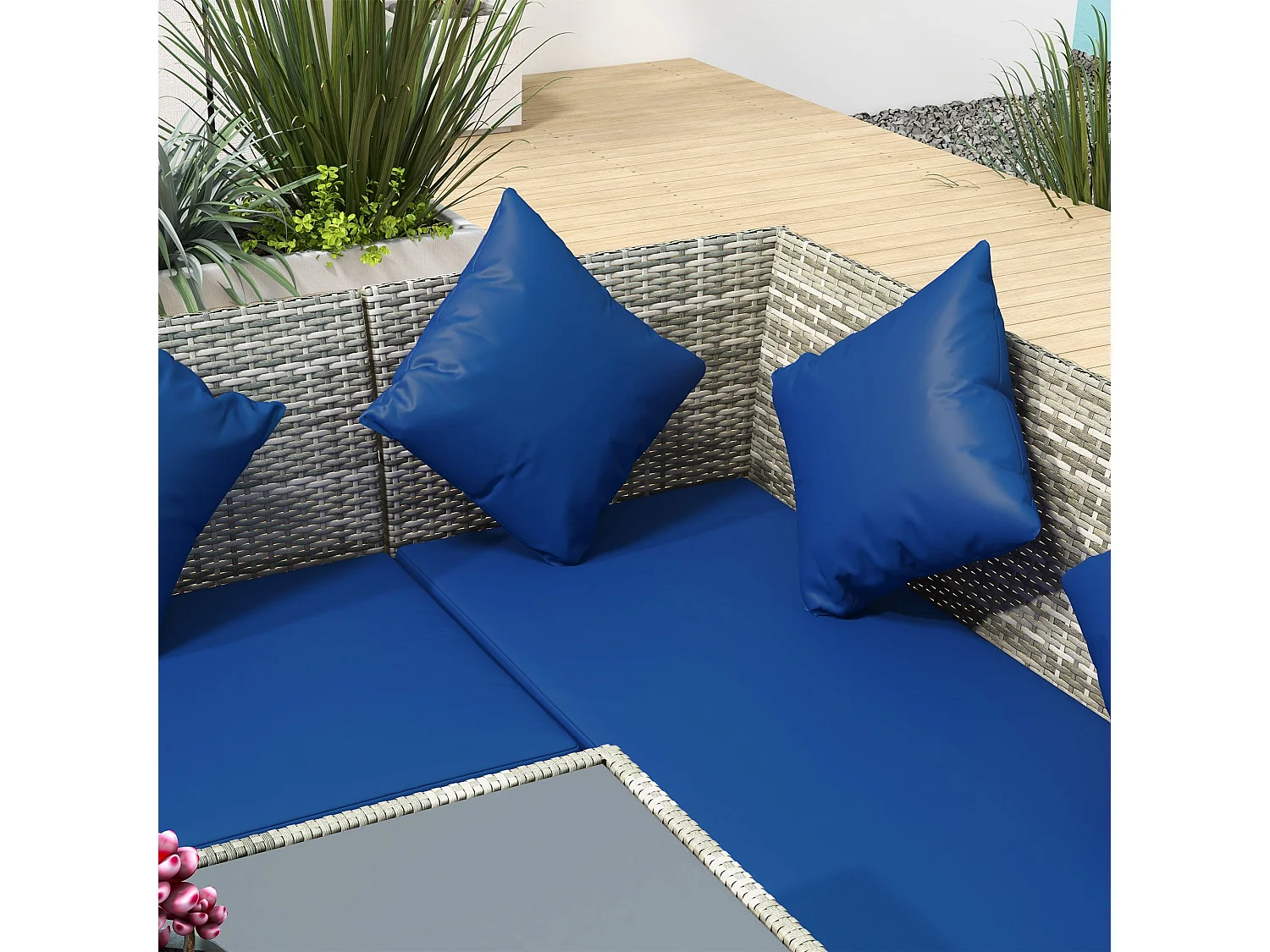 Noro 5 Piece Rattan Outdoor Dining Set with Dark Blue Cushions
