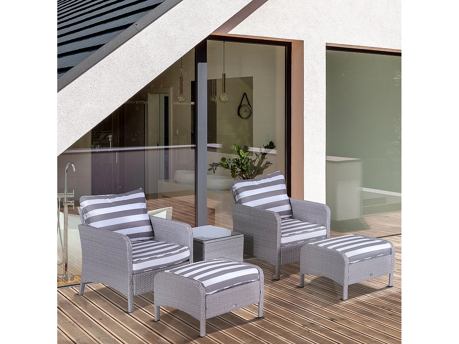 Sonova 5 Piece Grey and White Faux Rattan Outdoor Bistro Set with Cushions and Glass Table