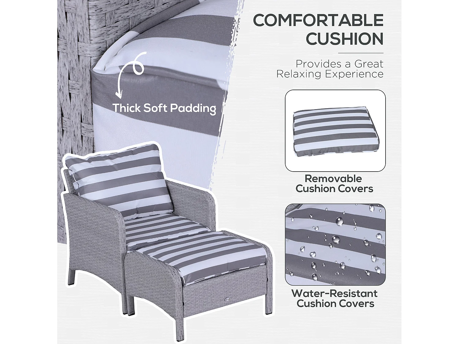 Sonova 5 Piece Grey and White Faux Rattan Outdoor Bistro Set with Cushions and Glass Table