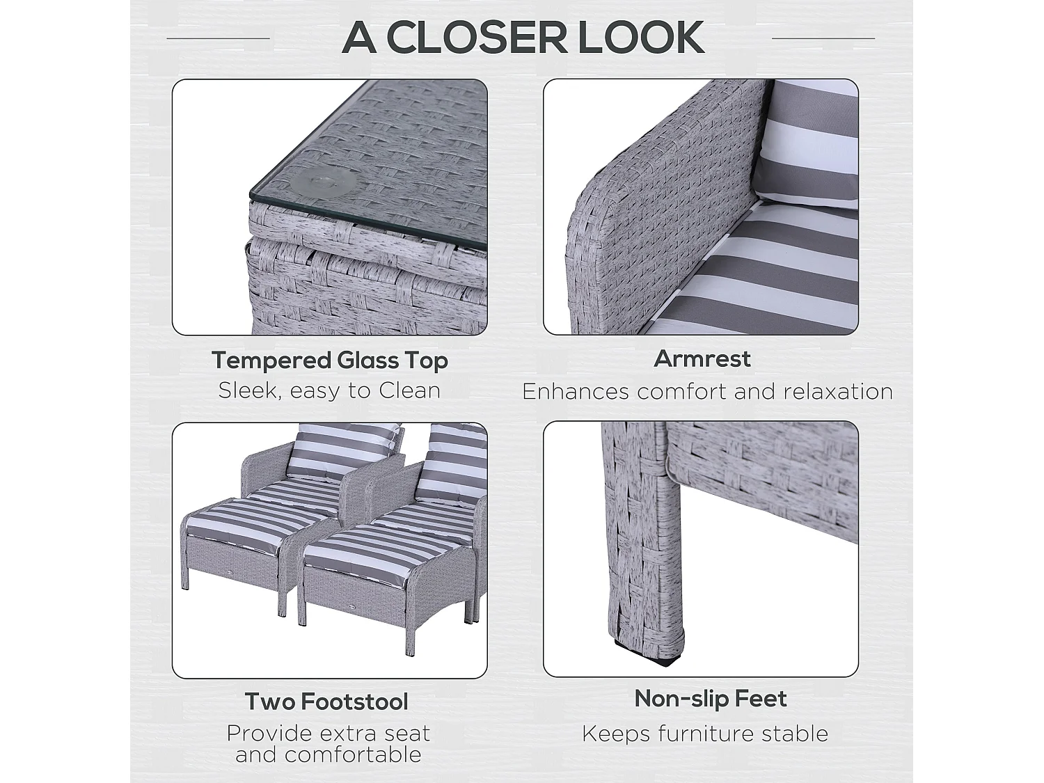 Sonova 5 Piece Grey and White Faux Rattan Outdoor Bistro Set with Cushions and Glass Table