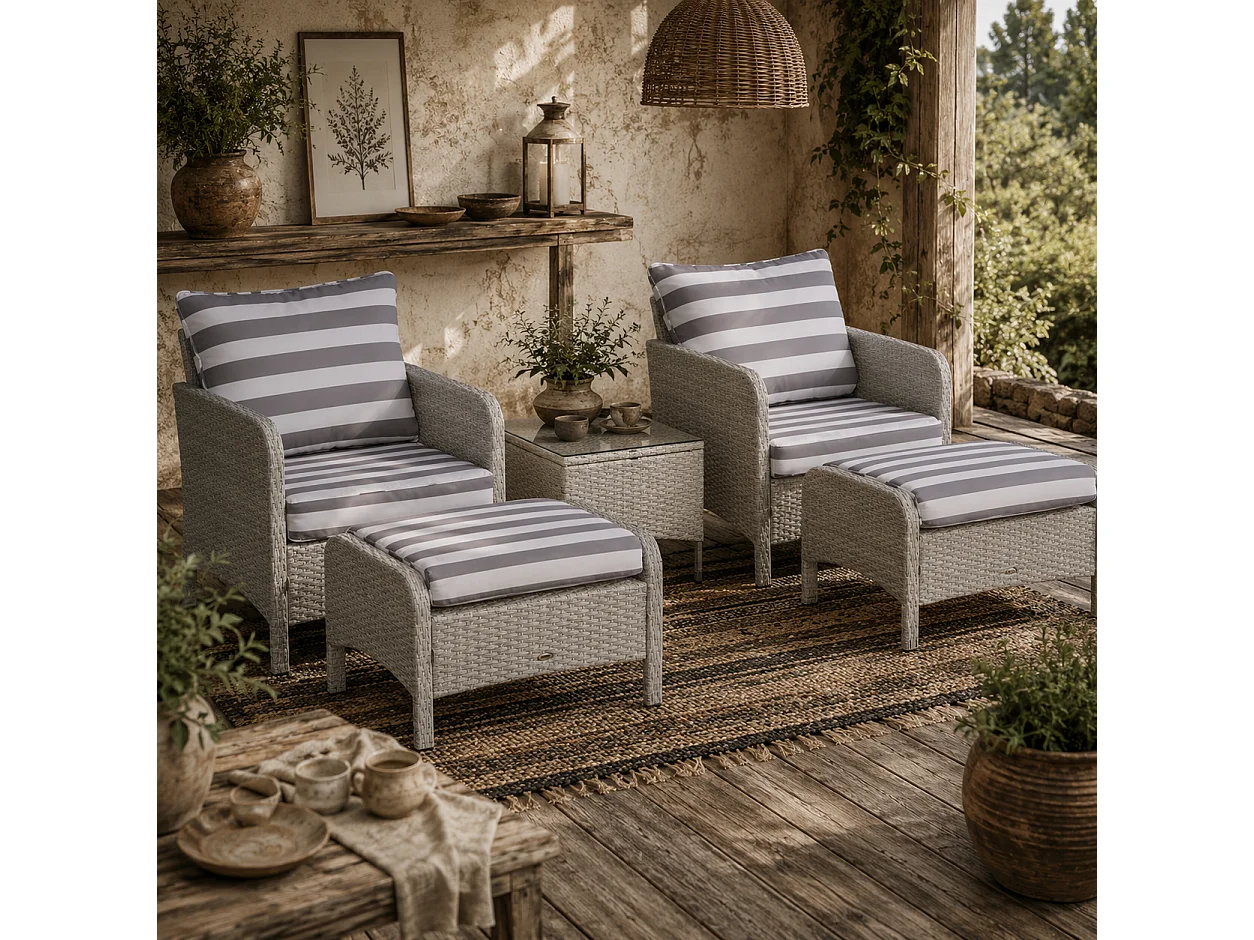 Sonova 5 Piece Grey and White Faux Rattan Outdoor Bistro Set with Cushions and Glass Table