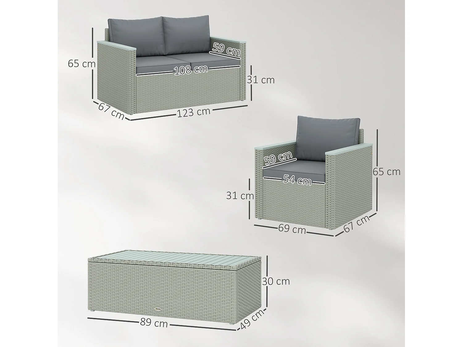 Zisupa 4 Seater Light Grey Rattan Outdoor Sofa Set with Acacia Coffee Table