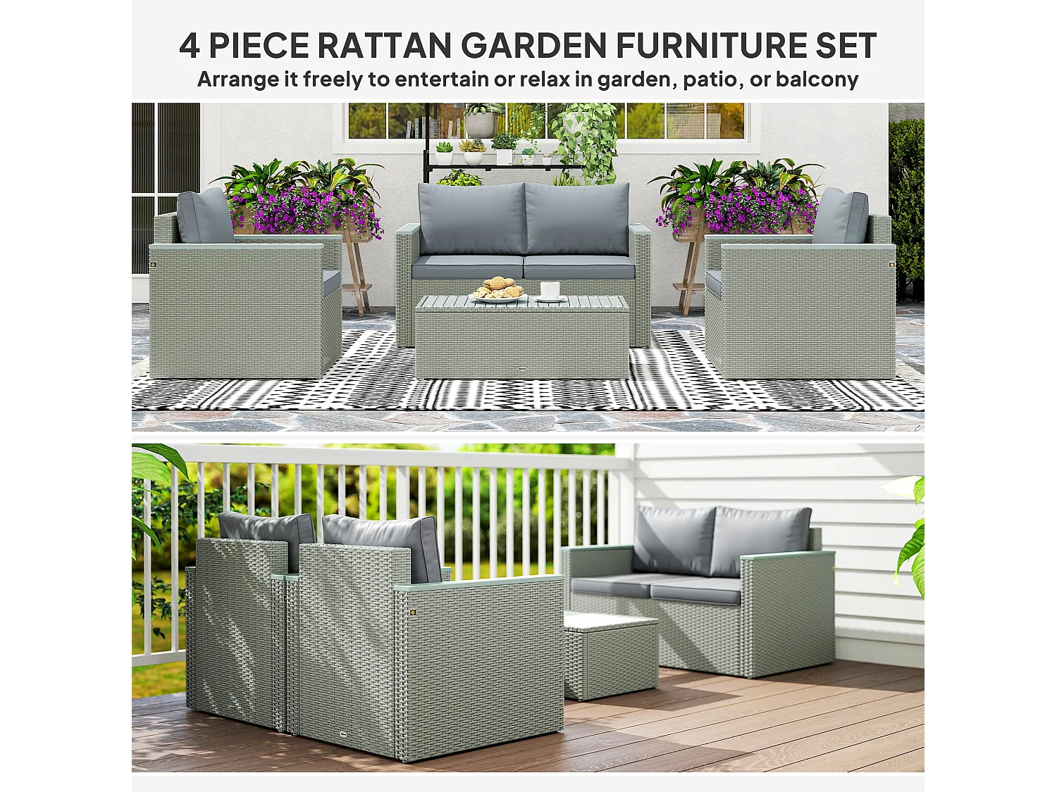 Zisupa 4 Seater Light Grey Rattan Outdoor Sofa Set with Acacia Coffee Table