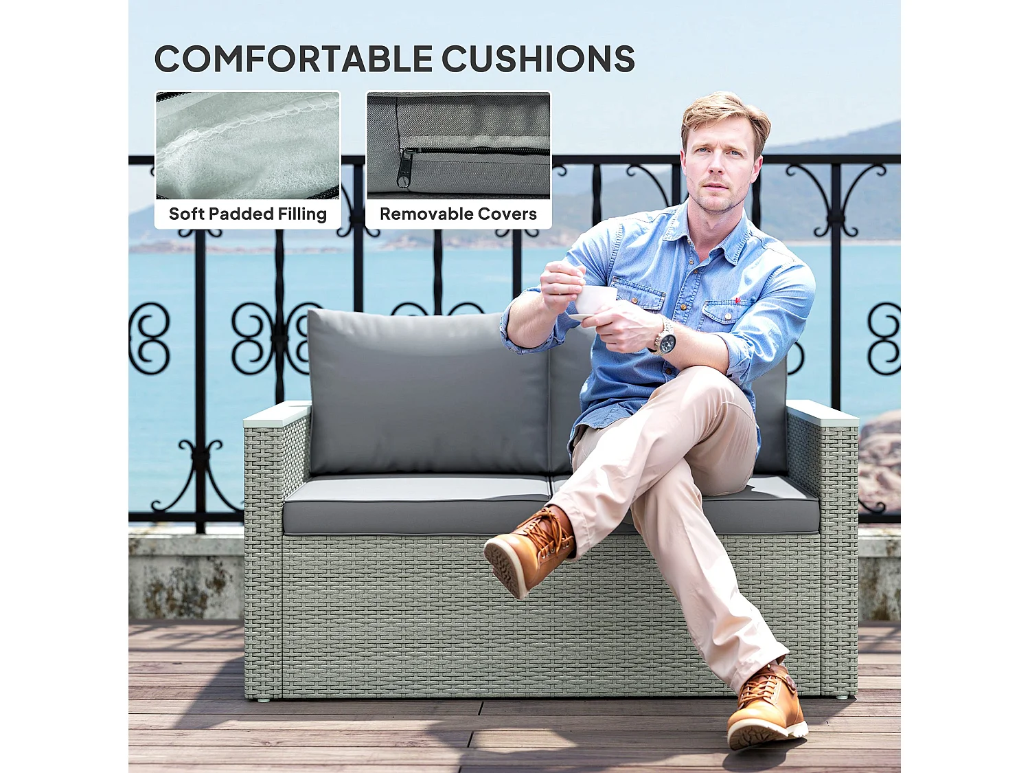Zisupa 4 Seater Light Grey Rattan Outdoor Sofa Set with Acacia Coffee Table