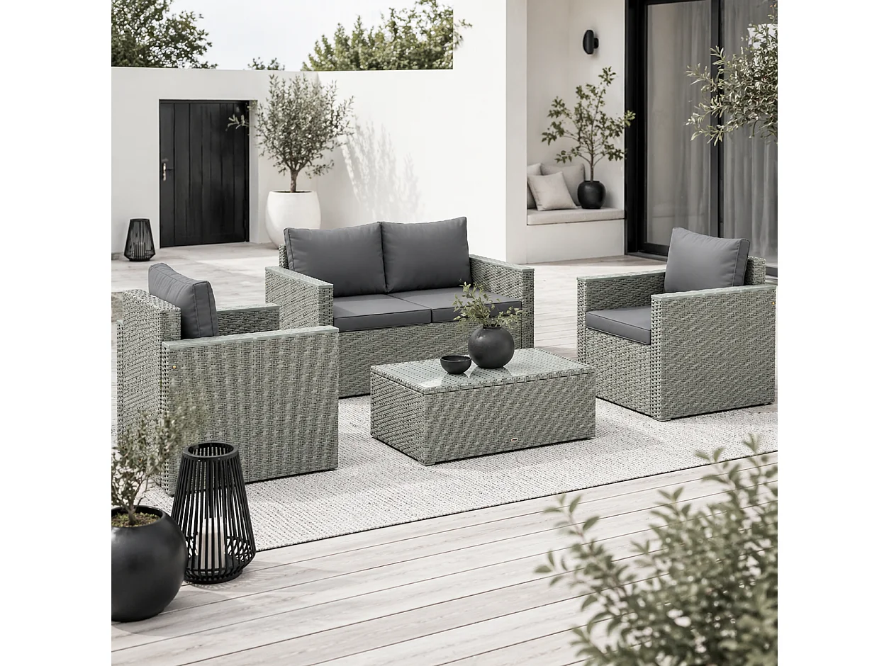 Zisupa 4 Seater Light Grey Rattan Outdoor Sofa Set with Acacia Coffee Table