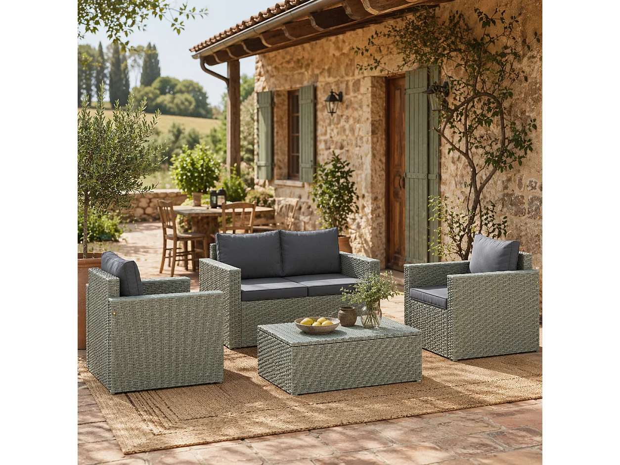 Zisupa 4 Seater Light Grey Rattan Outdoor Sofa Set with Acacia Coffee Table