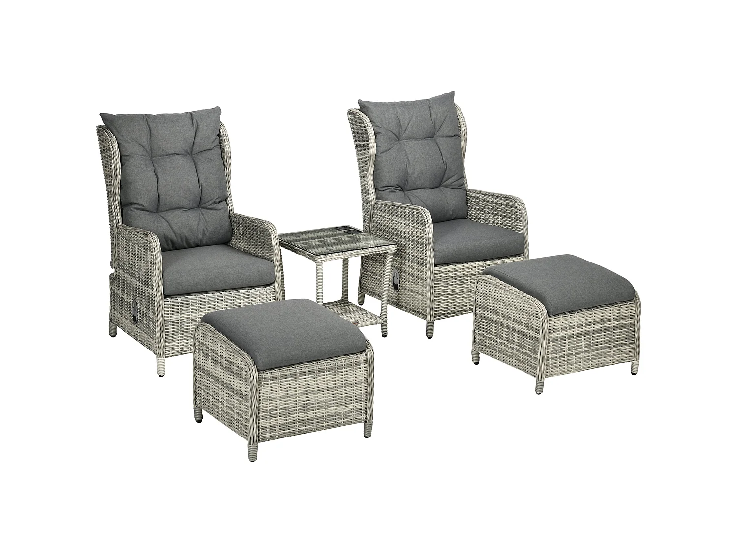 Lusuva 5 Piece Grey Faux Rattan Reclining Bistro Set Cushions and Glass Table