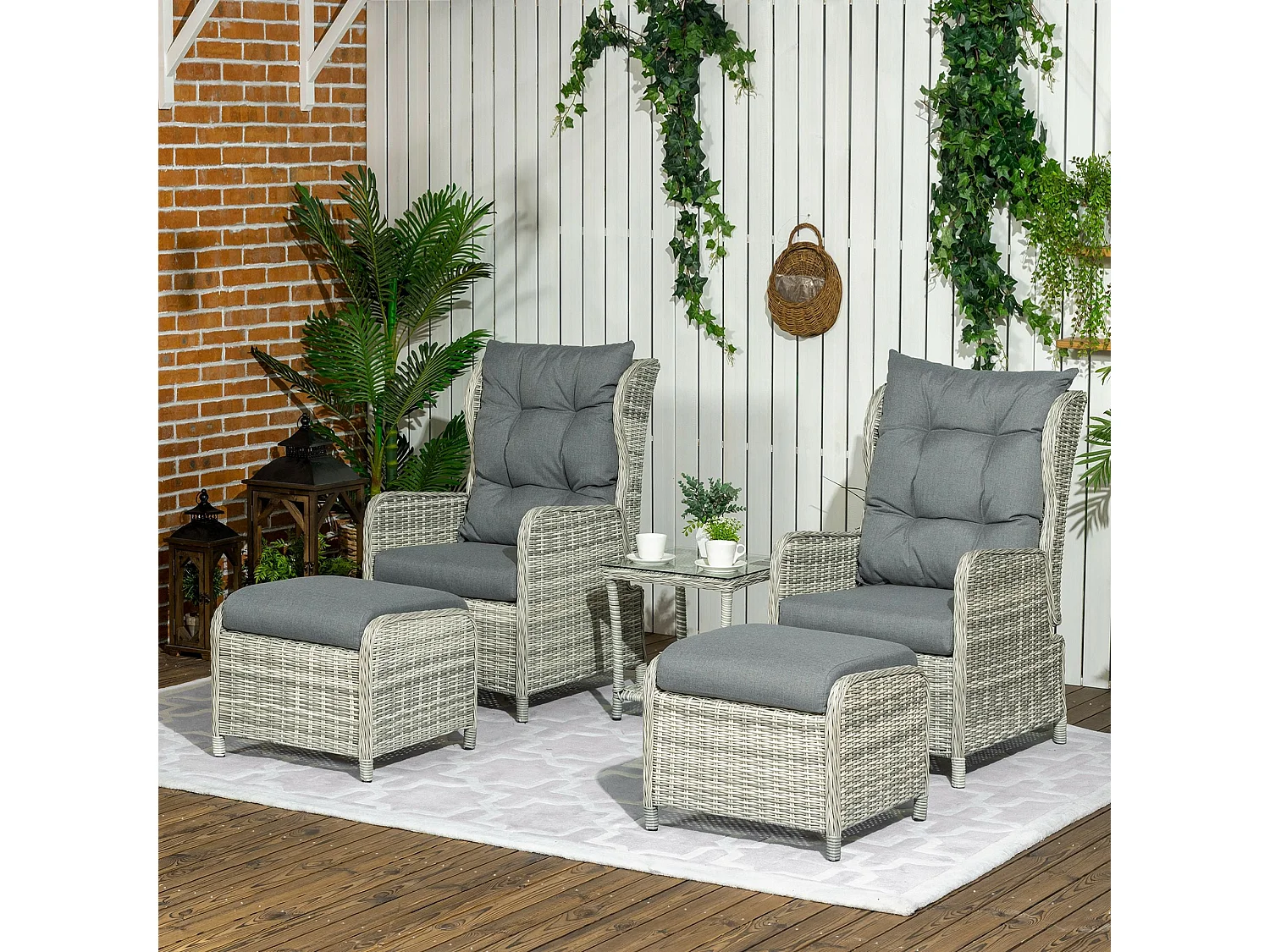 Lusuva 5 Piece Grey Faux Rattan Reclining Bistro Set Cushions and Glass Table