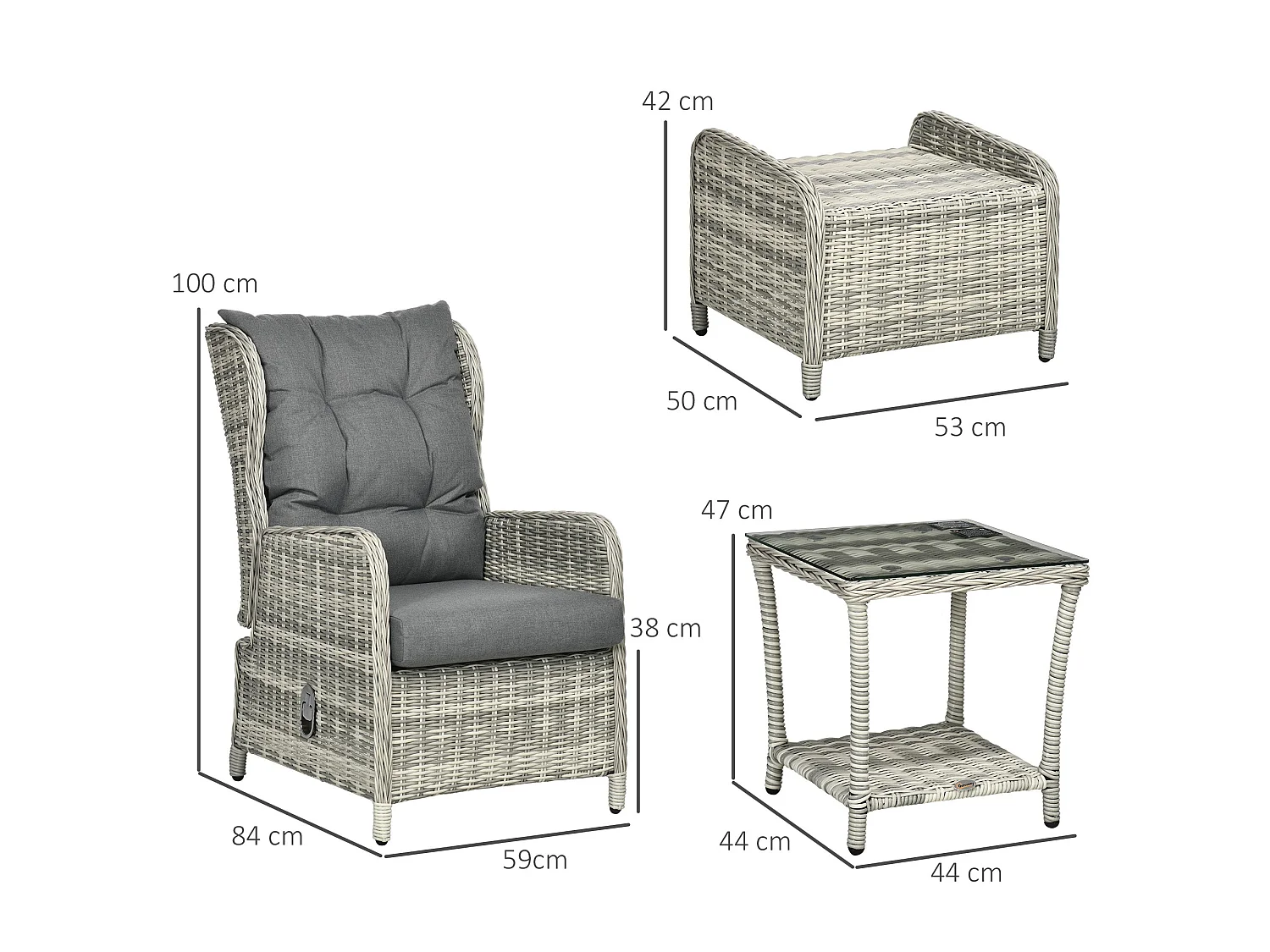 Lusuva 5 Piece Grey Faux Rattan Reclining Bistro Set Cushions and Glass Table