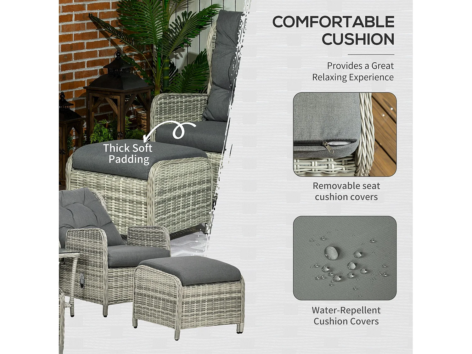 Lusuva 5 Piece Grey Faux Rattan Reclining Bistro Set Cushions and Glass Table