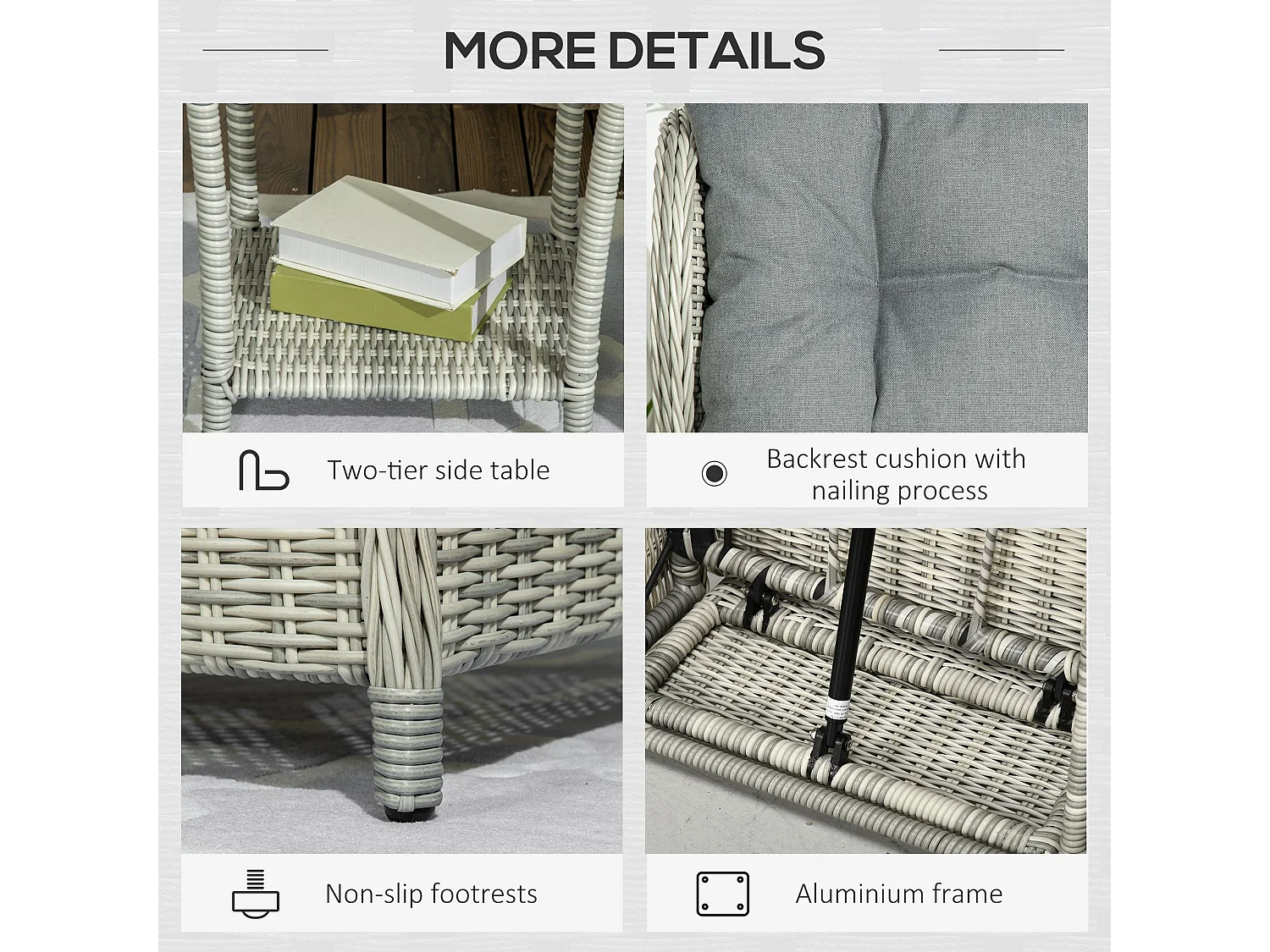 Lusuva 5 Piece Grey Faux Rattan Reclining Bistro Set Cushions and Glass Table