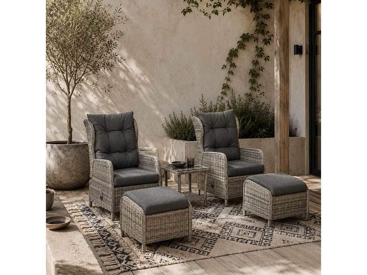 Lusuva 5 Piece Grey Faux Rattan Reclining Bistro Set Cushions and Glass Table