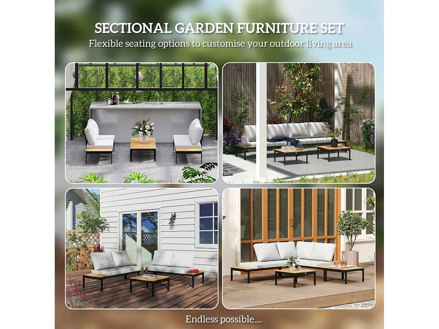 Matuki Wood Teak 4 Seater Modular Garden Corner Sofa Set with 2 Coffee Tables