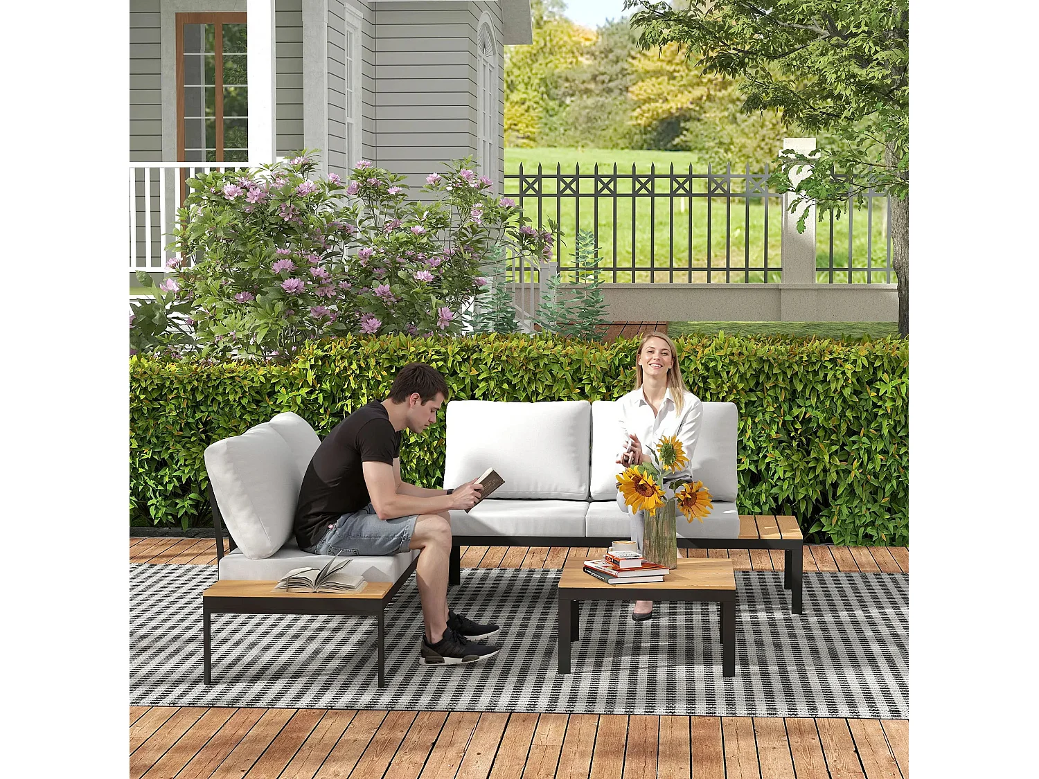 Matuki Wood Teak 4 Seater Modular Garden Corner Sofa Set with 2 Coffee Tables