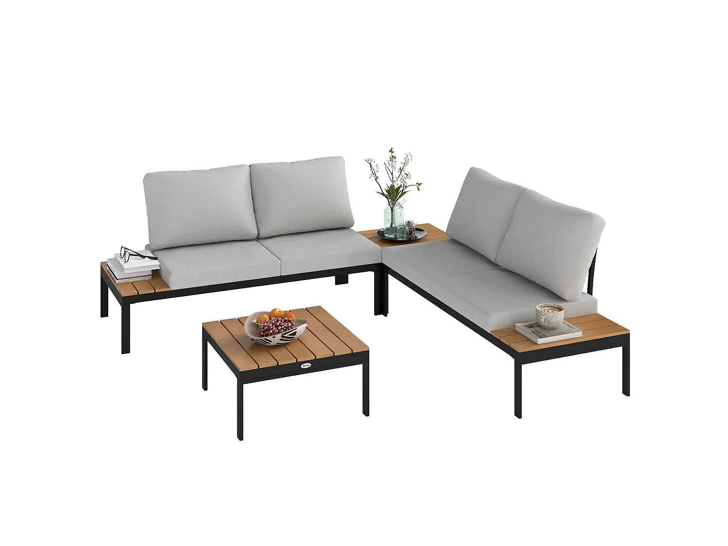 Matuki Wood Teak 4 Seater Modular Garden Corner Sofa Set with 2 Coffee Tables