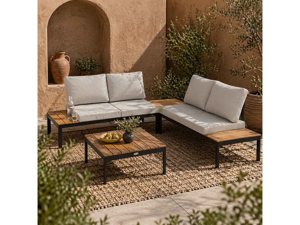 Matuki Wood Teak 4 Seater Modular Garden Corner Sofa Set with 2 Coffee Tables