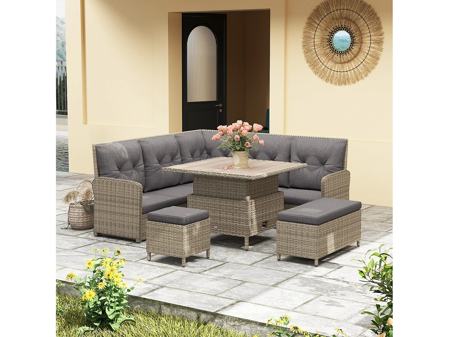 Mirase Light Grey Faux Rattan Modular 9 Seater Corner Sofa Set with Lift Up Coffee Table